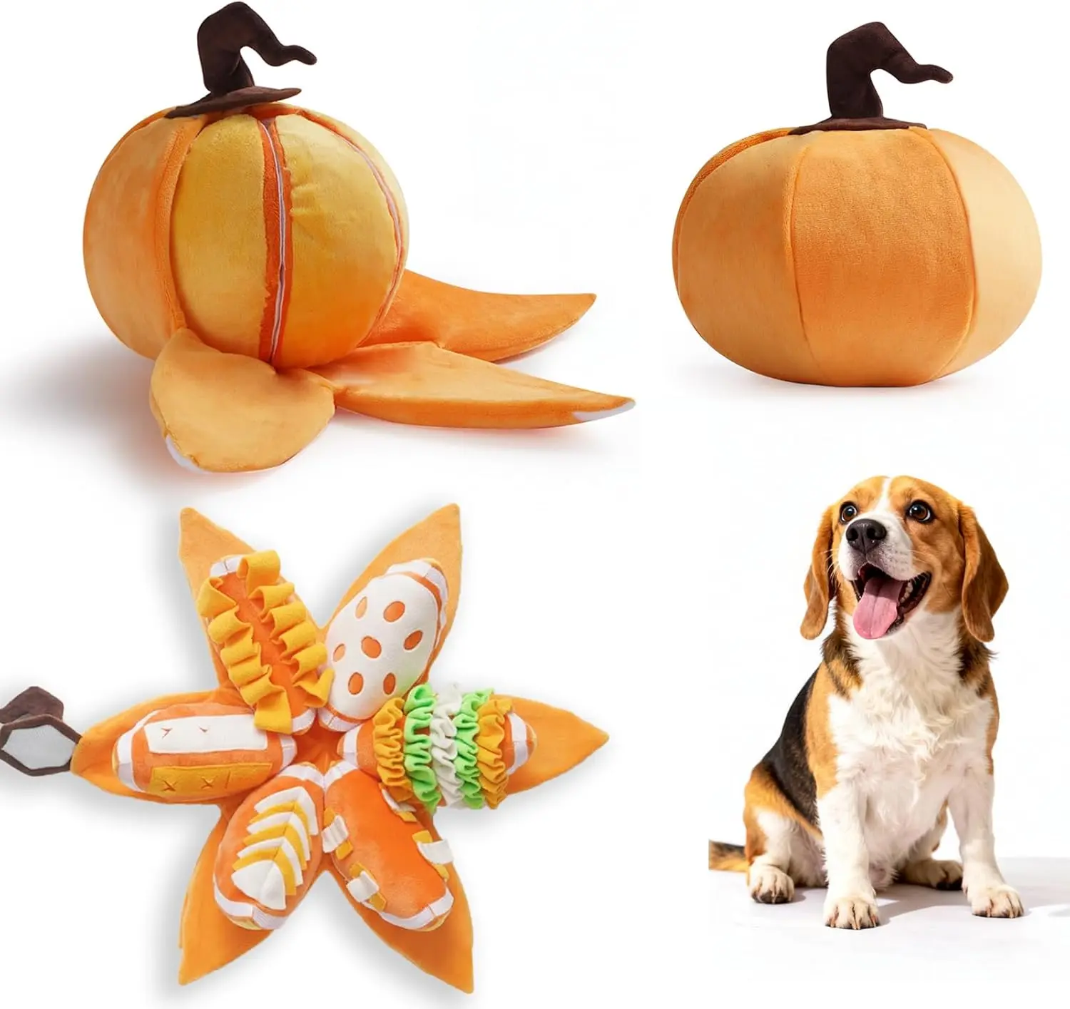 Nocciola 7-in-1 Pumpkin Dog Enrichment Toys, 6  Squeaky Snuffle Slices with Velcro-closure Rind for Treats Hunting Fun, Hide and Seek Puzzle Toy for Dogs