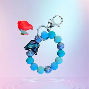 Silicone Beaded Bracelet Keychain with Tassel - blue color plus character Design, Keychain Accessory