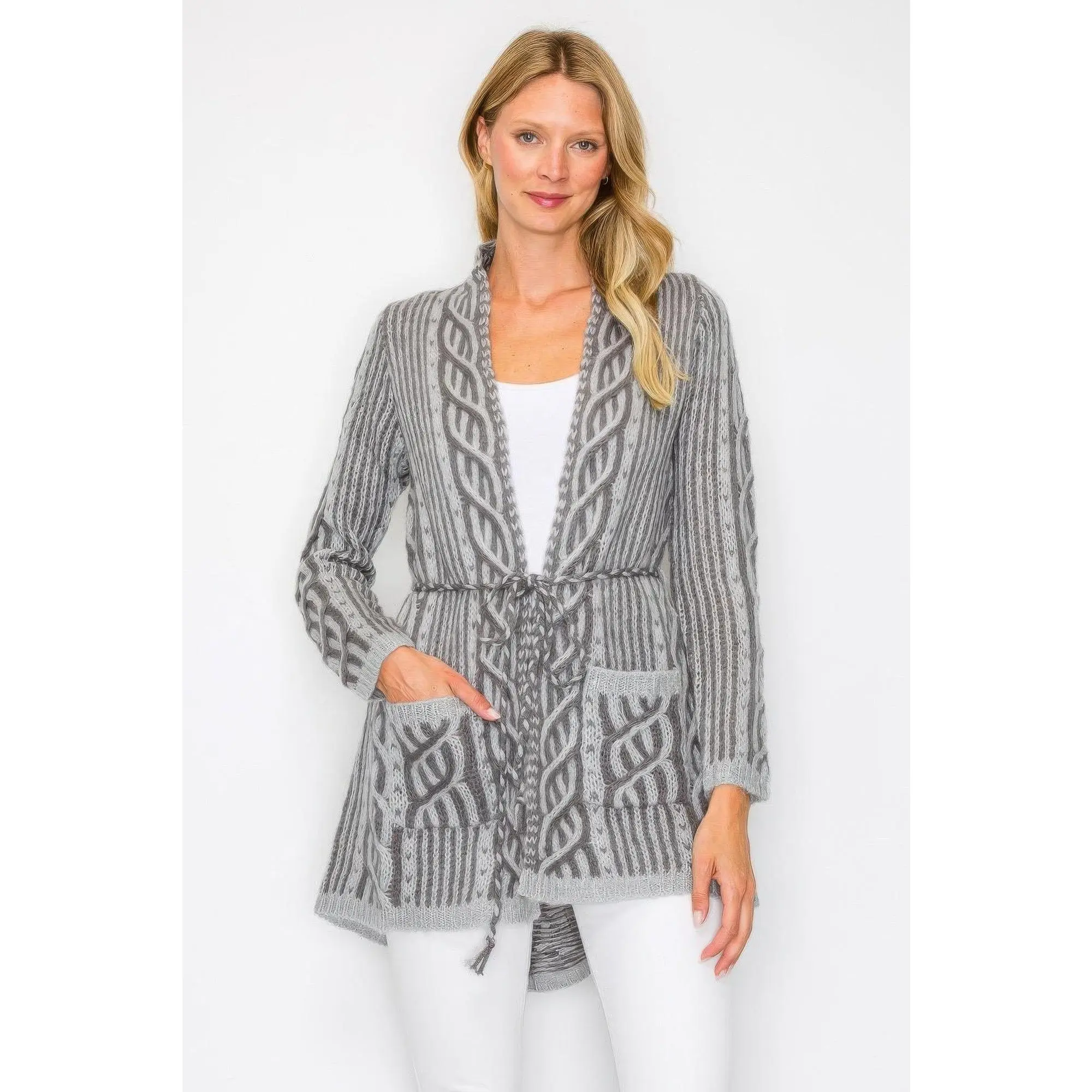Women's Open Front Knit Style Tops - Wool Cardigan with Belt String, Front Pocket