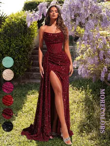 Elegant Beaded Evening Dress, Off-the-Shoulder High Waist Long Train, Open Back Slit, Formal Party Gown, Women's Fashionable Prom Dress, Formal Wear