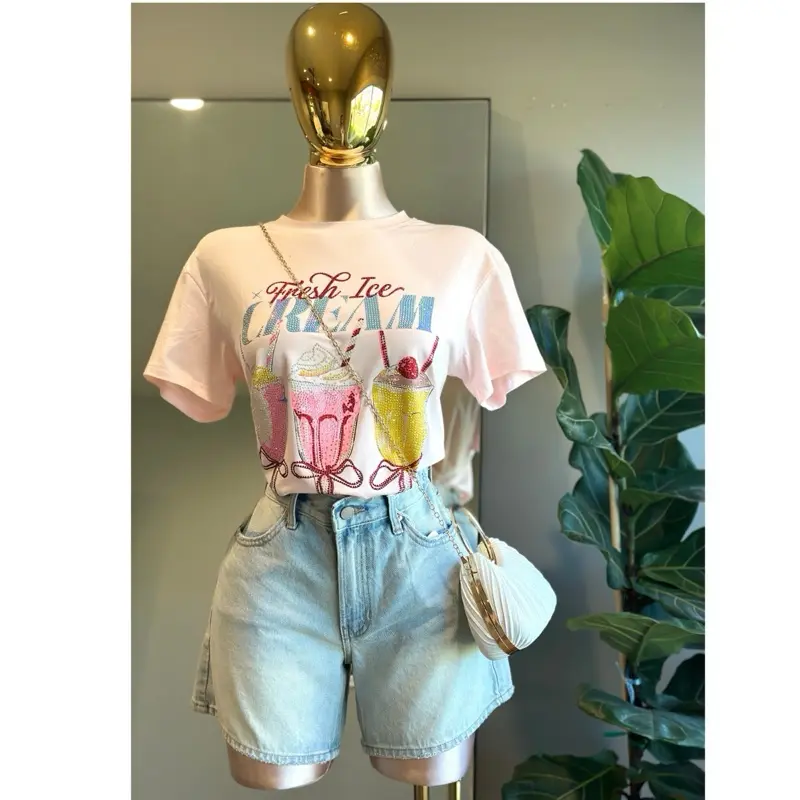 TOP002-Pink Summer T-shirt ice cream stretch