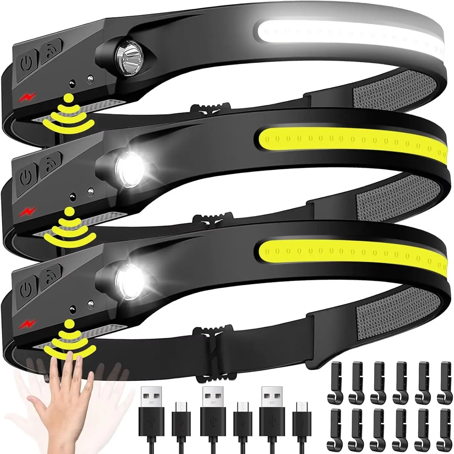 BIAT Rechargeable LED Headlamp 3PCS, 230° Wide Beam Head Lamp with Motion Sensor for Adults - Waterproof Head Light Flashlight, Camping Accessories Gear for Hiking, Running, Repairing, Fishing, Cycling