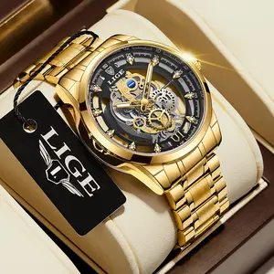 LIGE Stylish Transparent Fully Skeletonized Men's Quartz Watch Luminous and Waterproof Suitable for Formal and Casual occasions