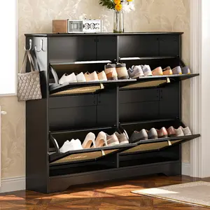 Modern Ventilated Shoe Rack, Shoe Cabinet with 4 Rattan Flip Drawers, Fits 12 Pairs, 42.1” Wide Entryway Shoe Storage Organizer with Hooks & Anti-Tip Design（White/Black)