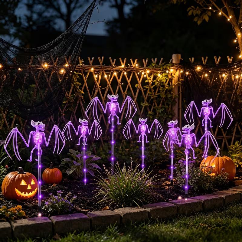 4pcs Solar-Powered Halloween Outdoor Garden Lights, 3D Scary Realistic Bat & Skeleton Decorations, Purple Spooky Street Lights for Cemetery, Courtyard, Halloween Party Decor