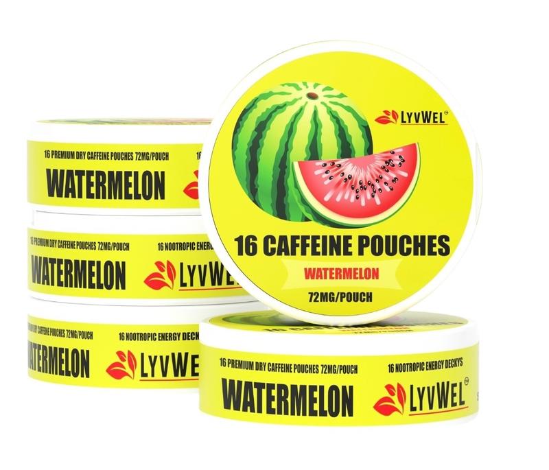 LyvWel 72mg Caffeine Pouches 5-pack Variety or solid flavors 1152mg per can Lip pillows No Sugar, Energy Decky Boost Upper Decker blueberry ice, Pineapple, Cherry, Red gummy bear, Watermelon, Peach tea, Spearmint, Wintergreen, Mango crush, Pink lemonade