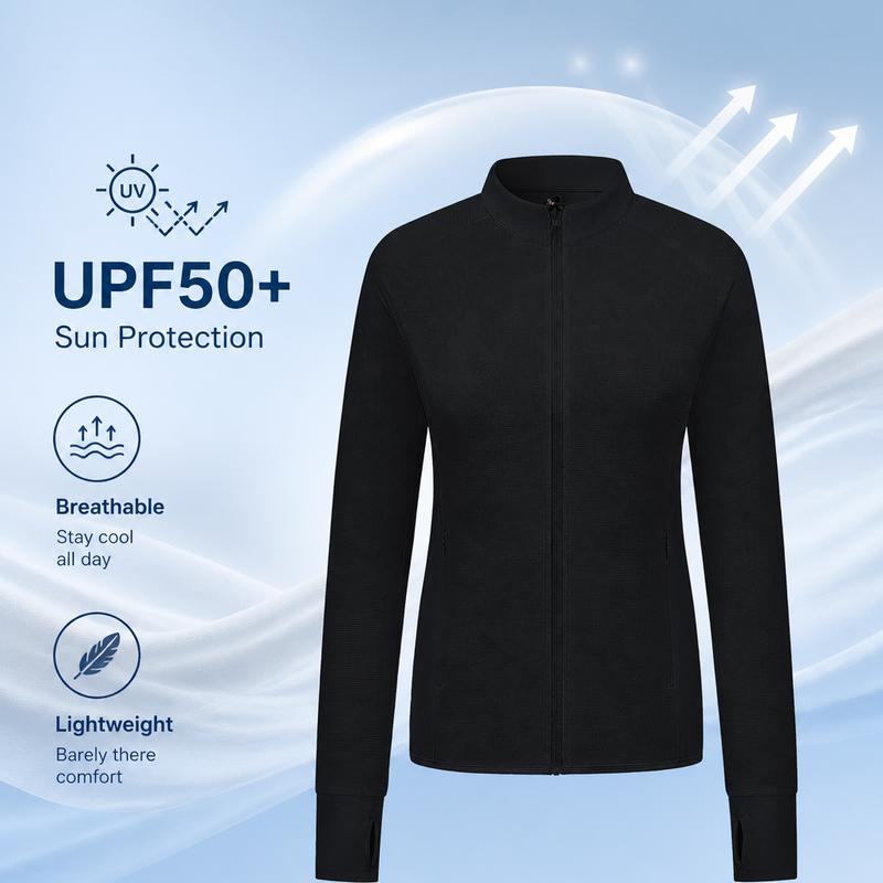 Women's Full-Zip Sport Jacket Slim-Fit Long-Sleeved Fitness Top with Zippered Pockets for Yoga Running & Summer Activities UPF50+ Breathable Fabric