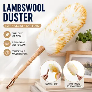 J&A Lambswool Dusters with Solid Wooden Handle, Flexible Head, Anti-Static, Comfortable Grips 17.8 inchs Long Feather Duster for Office, Home and Car etc.