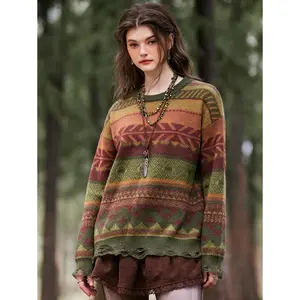 Hippie Geo Pattern Drop Shoulder Sweater Fabric Fit Knitwear Long Sleeve Womenswear Polyester Tops Geometric Knitting Casual