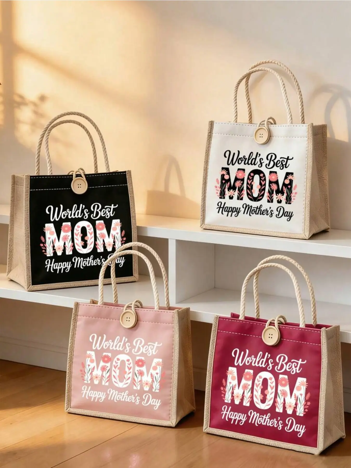 "World's Best Mom" Flower Canvas Tote Bag, Happy Mother's Day Pink Canvas Tote Bag with Rope Handles, Reusable Gift Bag for Mom, Grandma, and Mother's Day, Lightweight Shopping Bag