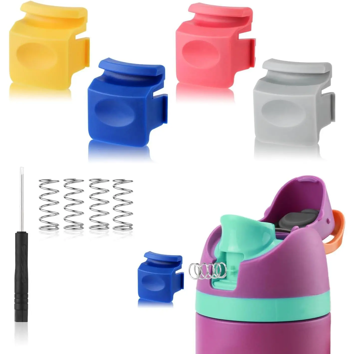 Owala FreeSip Bottle Replacement Button Kit - 4-Color Gray, Multi-Size, Fits 19-40oz, BPA-Free Durable Plastic Push Switch, Includes 1 Screwdriver & Springs, Easy Installation, Dishwasher Safe, Well-Packed, No Extra Parts As Shown in Detail Picture