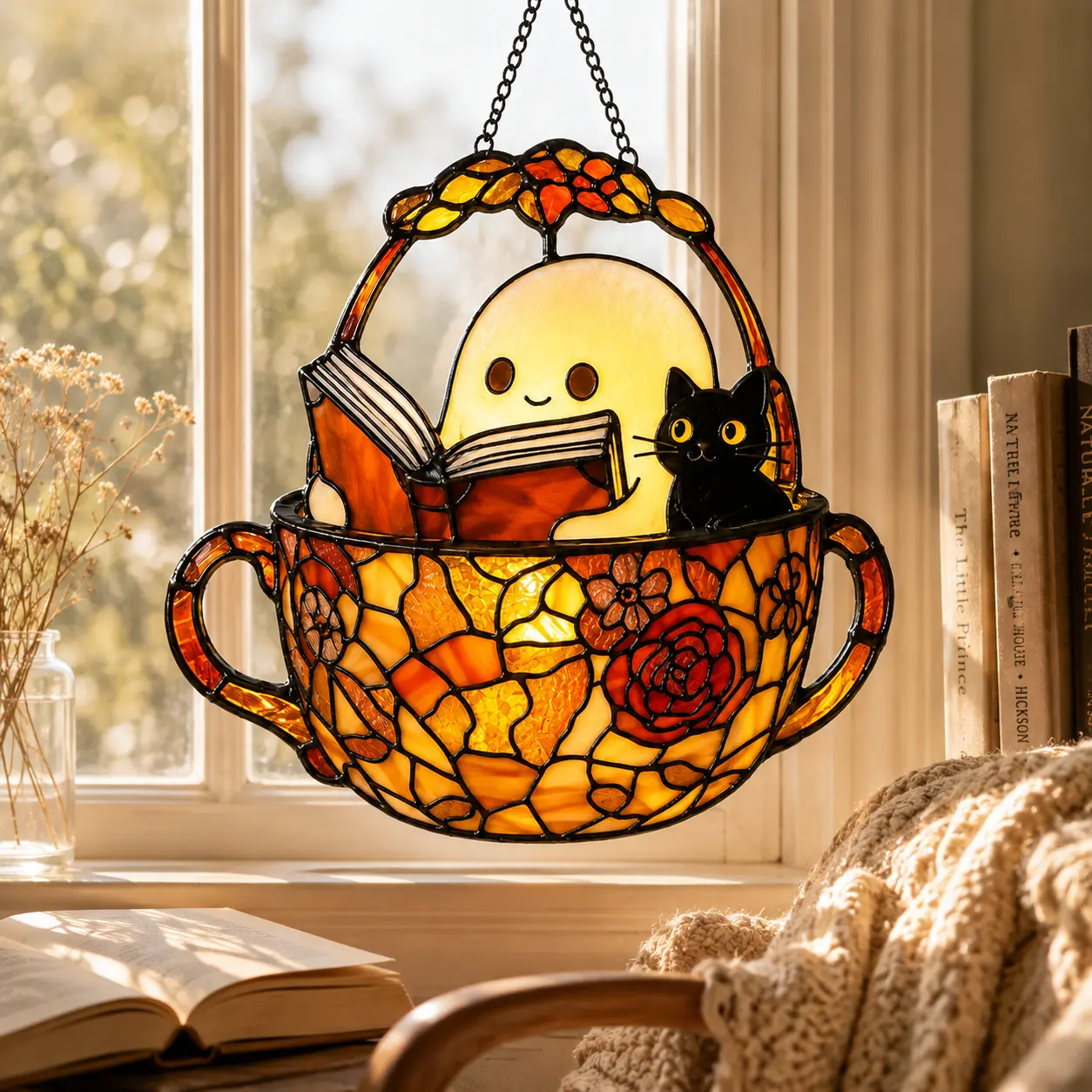 Stained Glass Tea Cup Suncatcher with Cat and Book Design for Home Decor