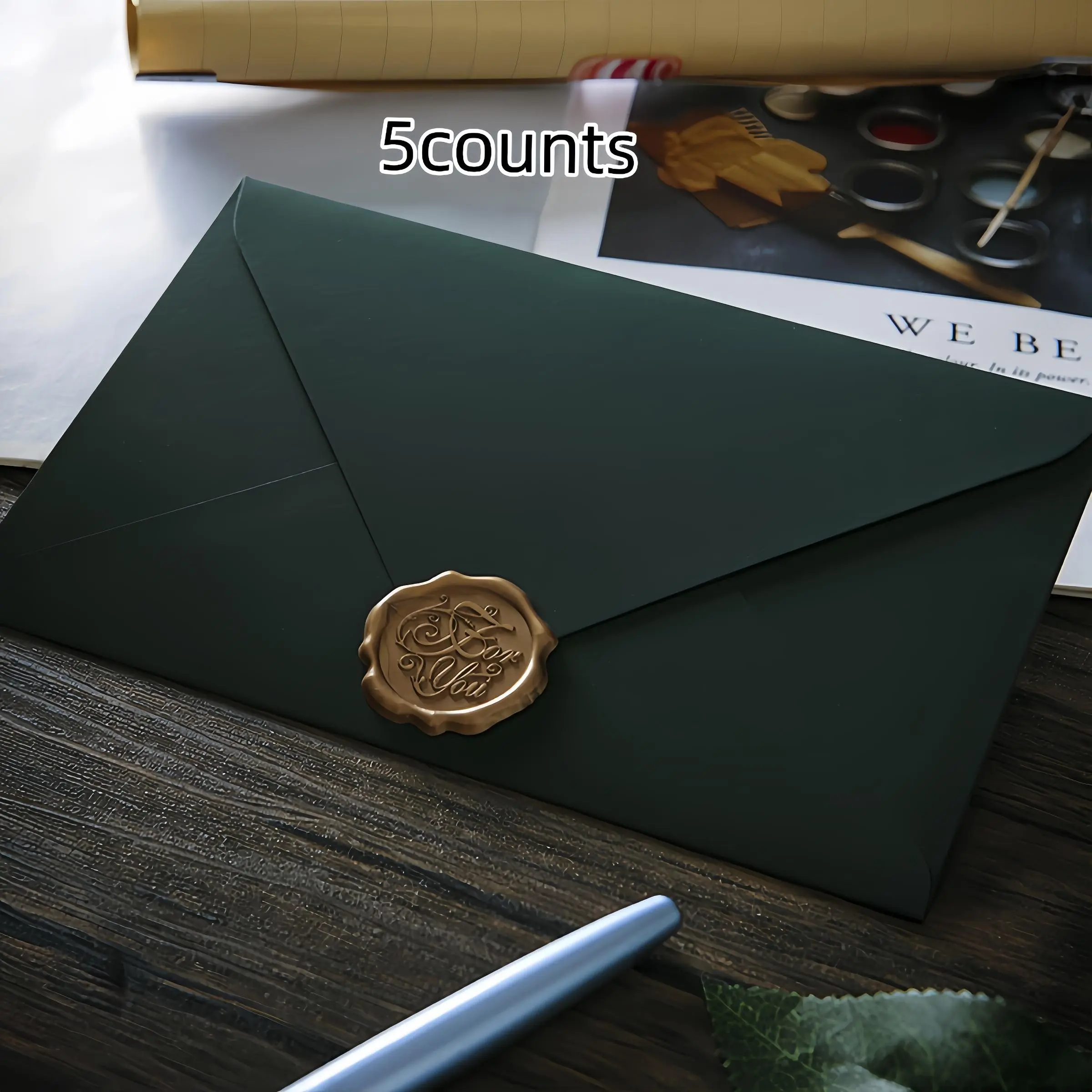 5-Piece Classical Style Deep Glossy Greeting Card Envelopes, Elegant Wax Seal, Self-Sealing, Perfect for Weddings, Engagements, Valentine's Day Invitations
