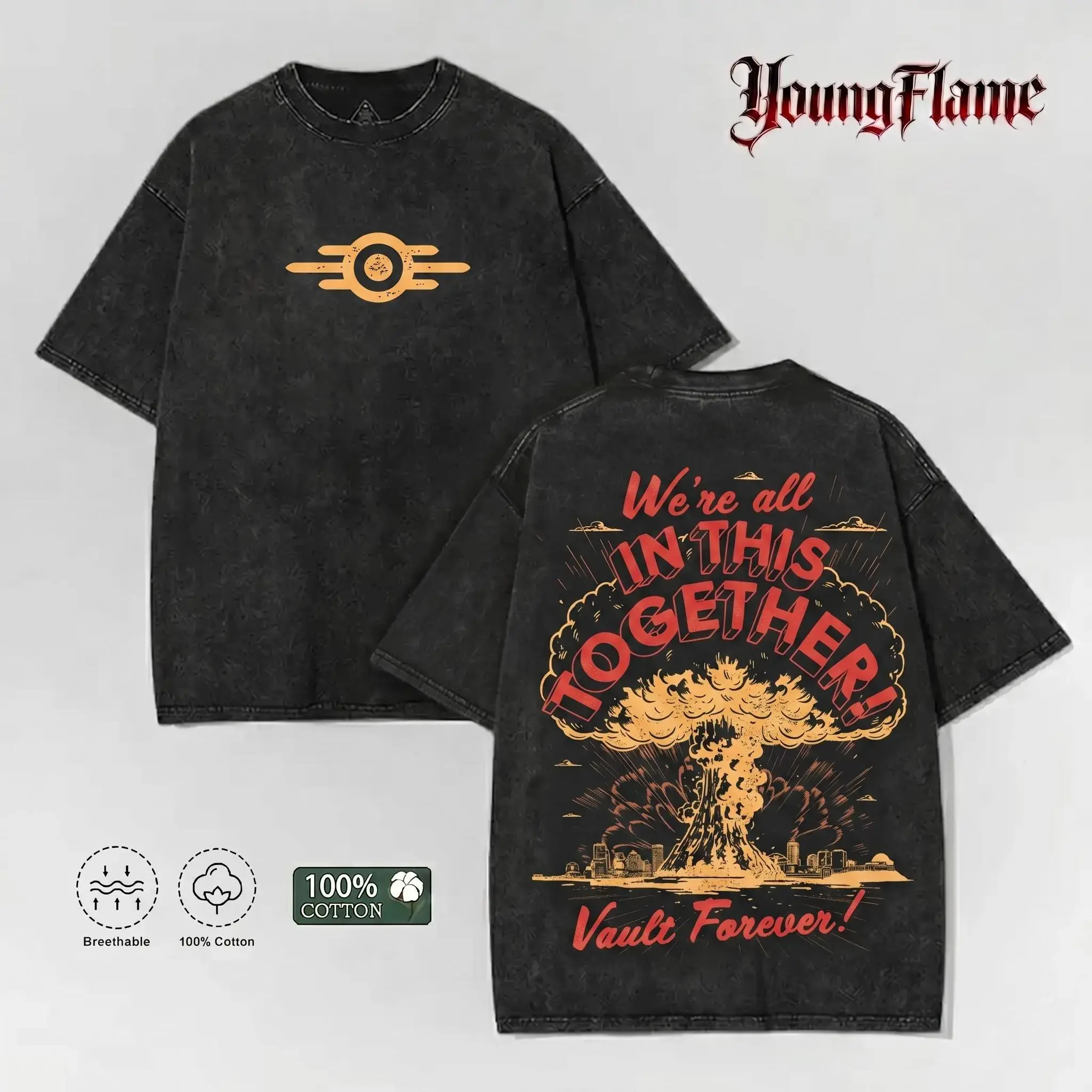 YoungFlame Mens Fallout Vault Acid Wash Round Neck Retro Short-Sleeve T-Shirt - Heavyweight 100% Cotton Tee, Wasteland Aesthetic Graphic, 2026 Summer Streetwear Fashion Apparel, Casual Outdoor Top Gift for Him