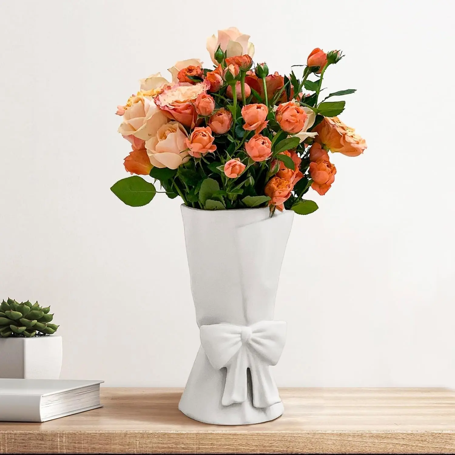 Handmade White Porcelain Bow Flower Vase - Compact Home Supplies Decor, 9.64in Minimalist Farmhouse Bouquet Centerpiece, Ideal Gift for Room Styling