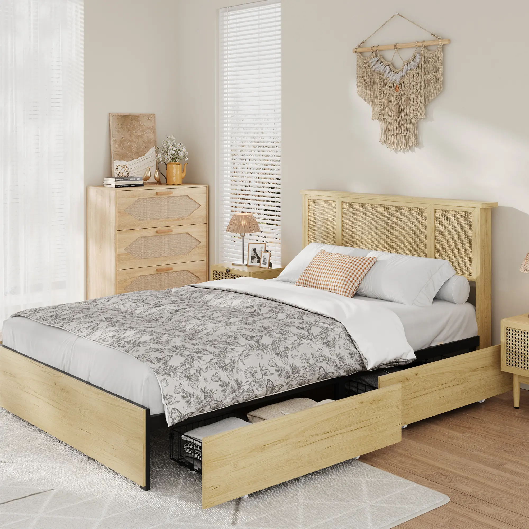 Boho Rattan Bed Frame Full Size with Cane Headboard – Sturdy Metal Platform, Wood Slats, 4 Storage Drawers – No Box Spring Needed – Modern Bedroom Furniture