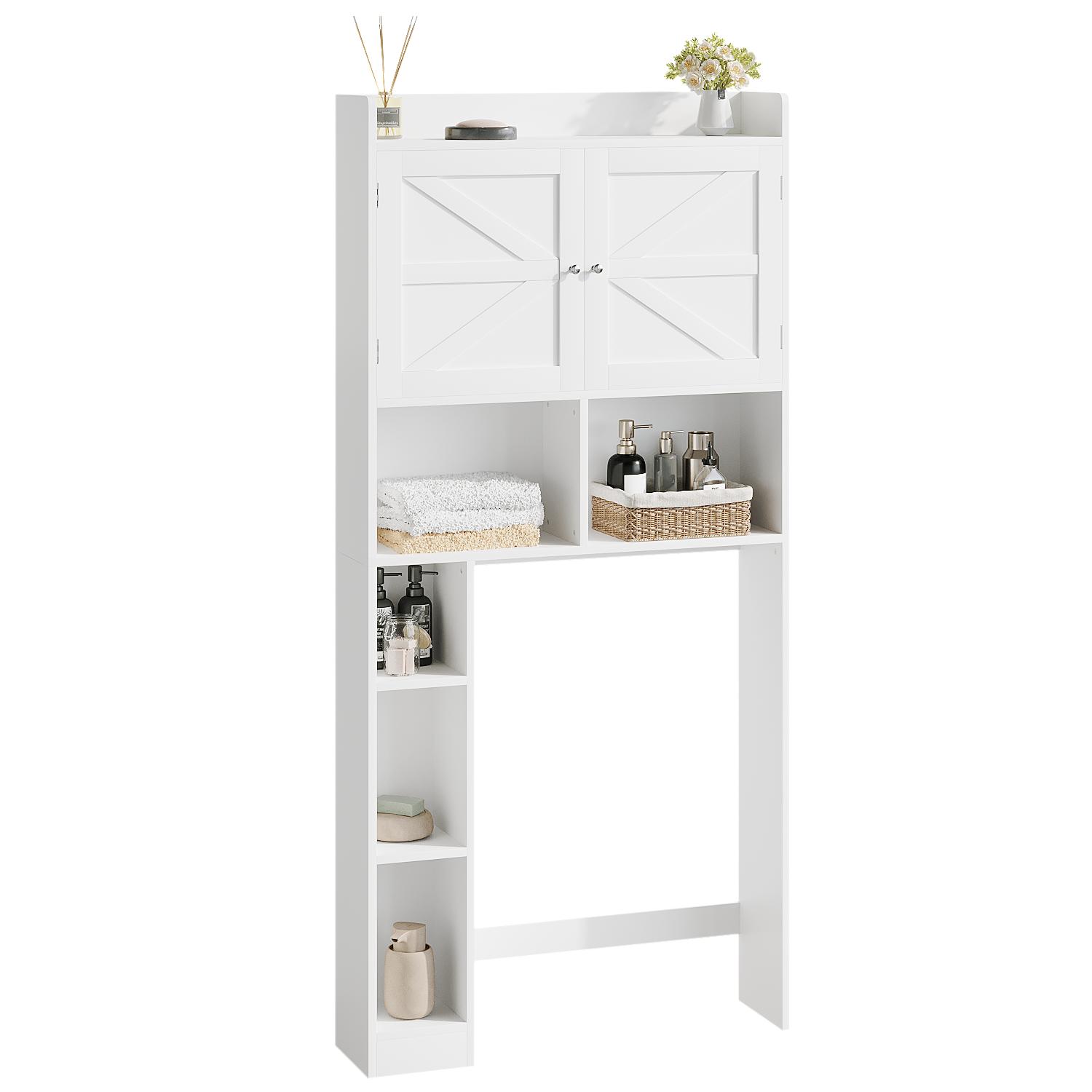 Over-The-Toilet Storage Cabinet with Adjustable Shelf, Bathroom Space Saver with Double Doors and Open Shelves, Freestanding Toilet Organizer Rack for Bathroom Storage – White Over-The-Toilet Storage Cabinet with Adjustable Shelf, Bathroom Space Saver with Double Doors and Open Shelves, Freestanding Toilet Organizer Rack for Bathroom Storage – White