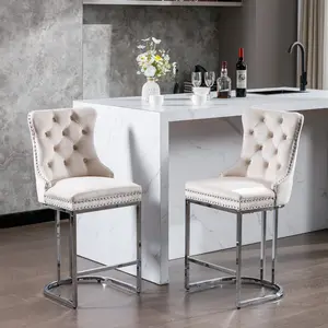 Set of 2 Velvet Bar Stools 26" Counter Height - Button-Tufted Back with Chrome Metal Base, Farmhouse Kitchen Island Stools
