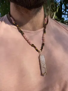 Rose Quartz Love Necklace with Pink Lava Stones Tiger Eye Beads & Golden Hematite for Self-Love and Emotional Healing