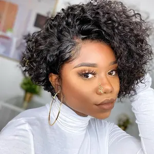 Short Curly Bob Wigs with Bangs for Black Women, 8 Inch Jerry Curly Pixie Cut Wig,  Black Glueless Human Hair Hair Wigs