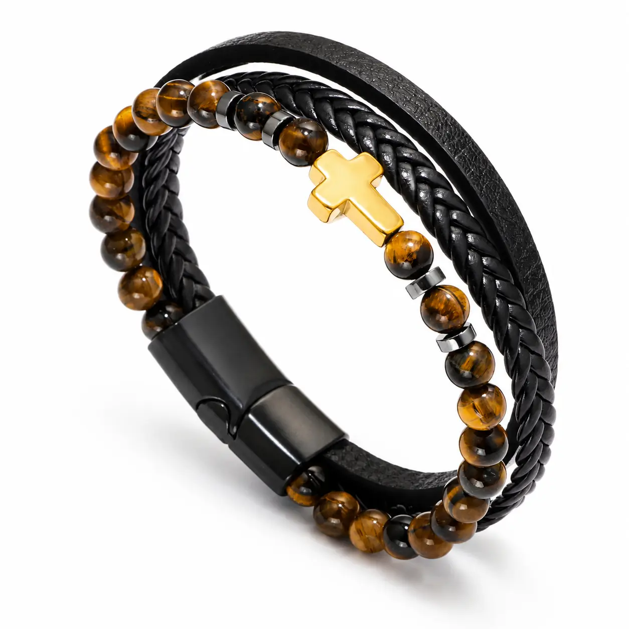 Men’s Multi-Layer Cross Bracelet, Tiger Eye Beaded and Black Braided PU Leather Wristband with Magnetic Clasp, Faith Jewelry Gift for Him