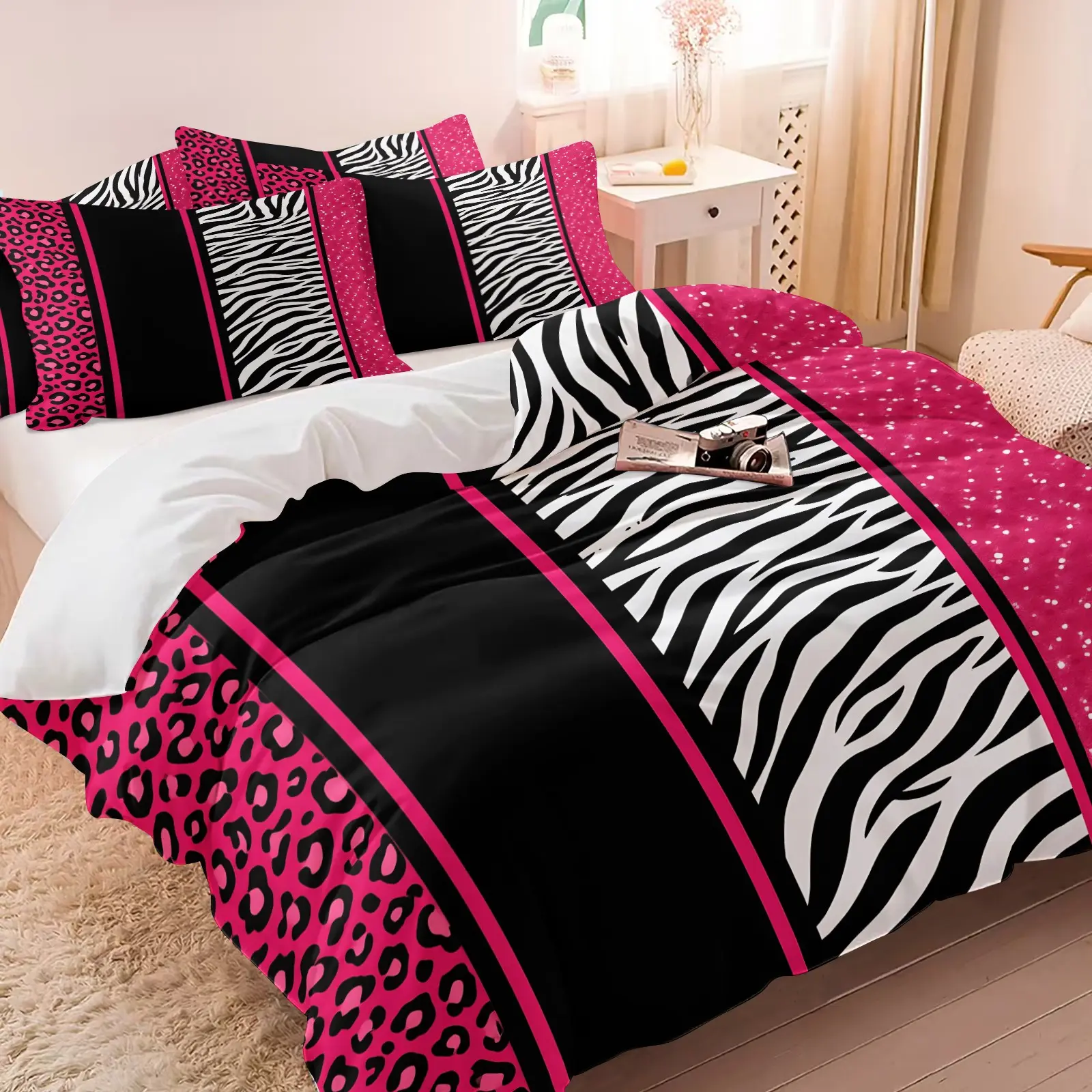 Y2K Hot Girl Style Duvet Cover Set & 1-2 Coreless Pillowcases, Pink-Black Leopard & Black-White Zebra Print, Leopard Bedding Set, Comfy Bedding Set, Hot Pink Glitter Flakes Patchwork Design, Soft Bold Expressive Style Bedroom Decor, Gift Choice