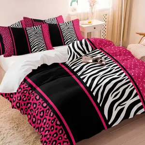 Y2K Hot Girl Style Duvet Cover Set & 1-2 Coreless Pillowcases, Pink-Black Leopard & Black-White Zebra Print, Leopard Bedding Set, Hot Pink Glitter Flakes Patchwork Design, Soft Bold Expressive Style Bedroom Decor, Gift Choice