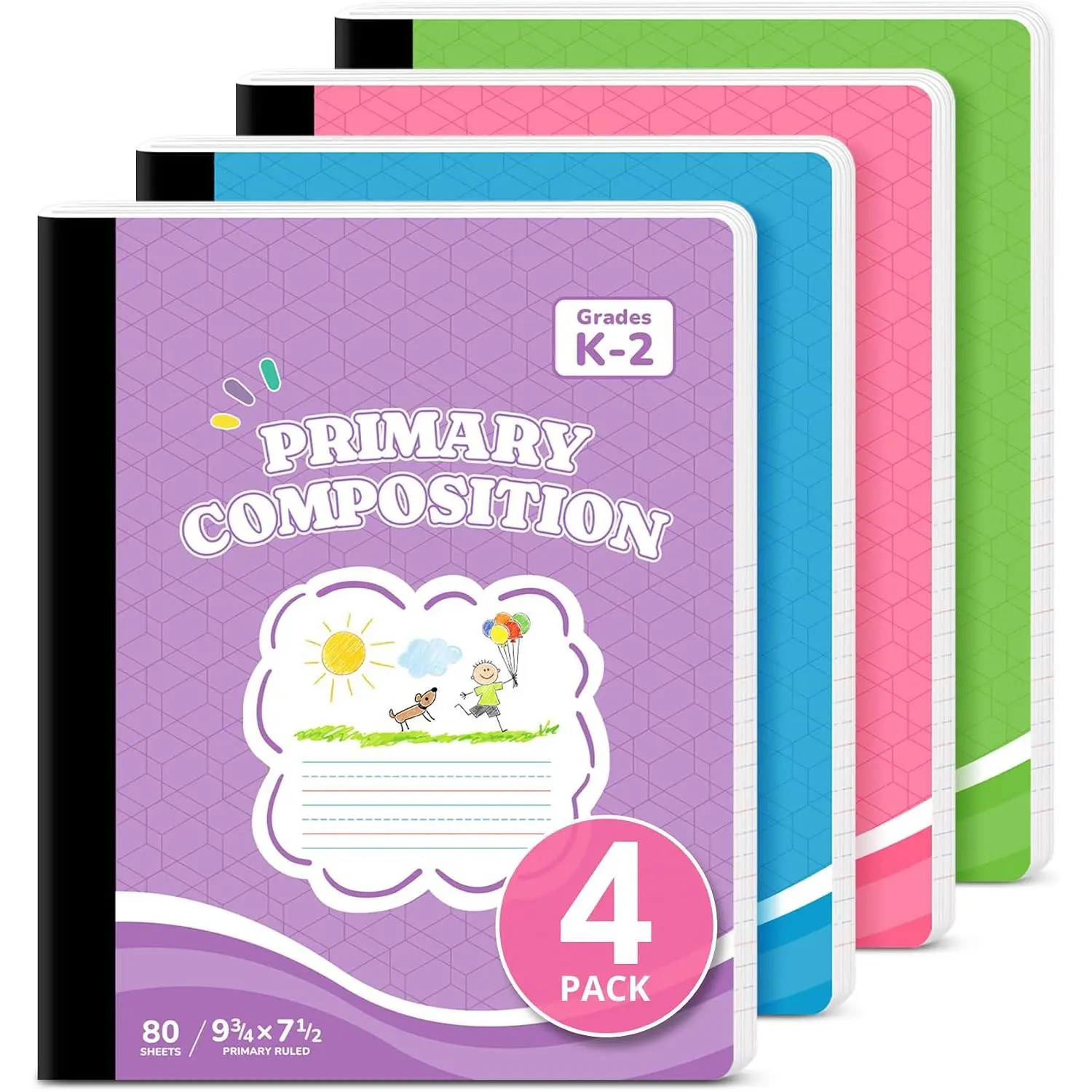 Primary Composition Notebook Primary Ruled, 4 Pack Aesthetic Composition Book, 9-3/4" x 7-1/2", 160 Pages (80 Sheets), Perfect for School Office Supplies, Pastel Colors