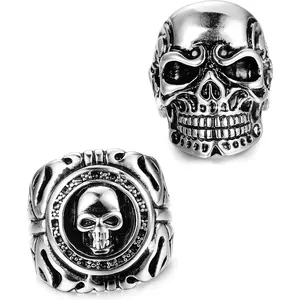 FINREZIO 2 Pcs Silvery Black Stainless Steel Skull Rings for Men Women Hypoallergenic Cocktail Party Rings Vintage Gothic Skull Rings Heavy Metal Biker Punk Jewelry Set Skeleton Rings with Intricate Carved Details Perfect for Rockers