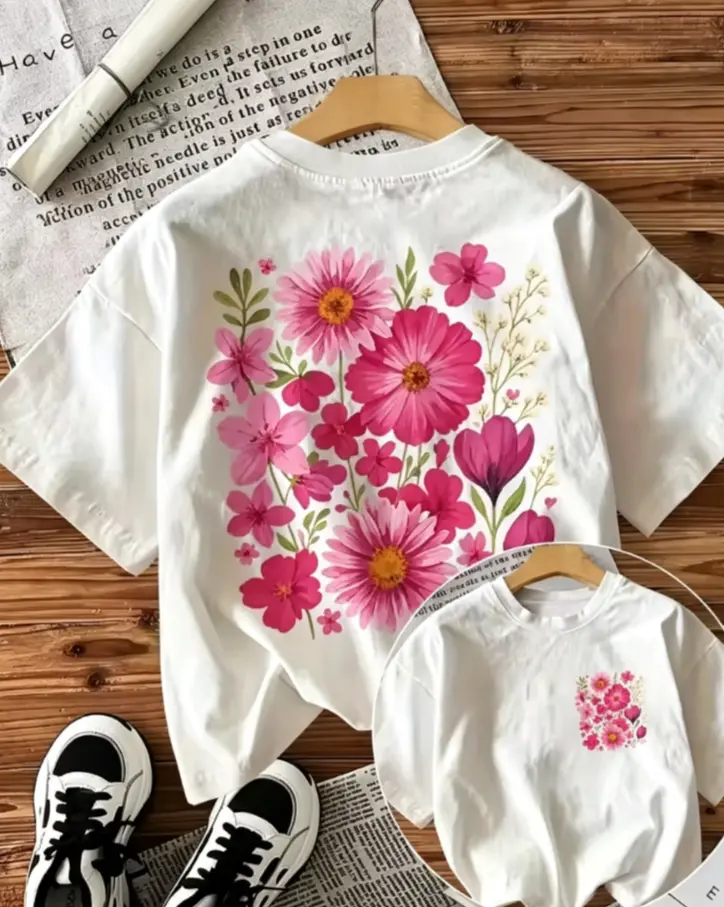 Unisex 100% Cotton Wildflower Graphic T‑Shirt, Double Sided Print Floral Casual Short Sleeve Tee, Boho Flower Back Print Shirt For Men & Women
