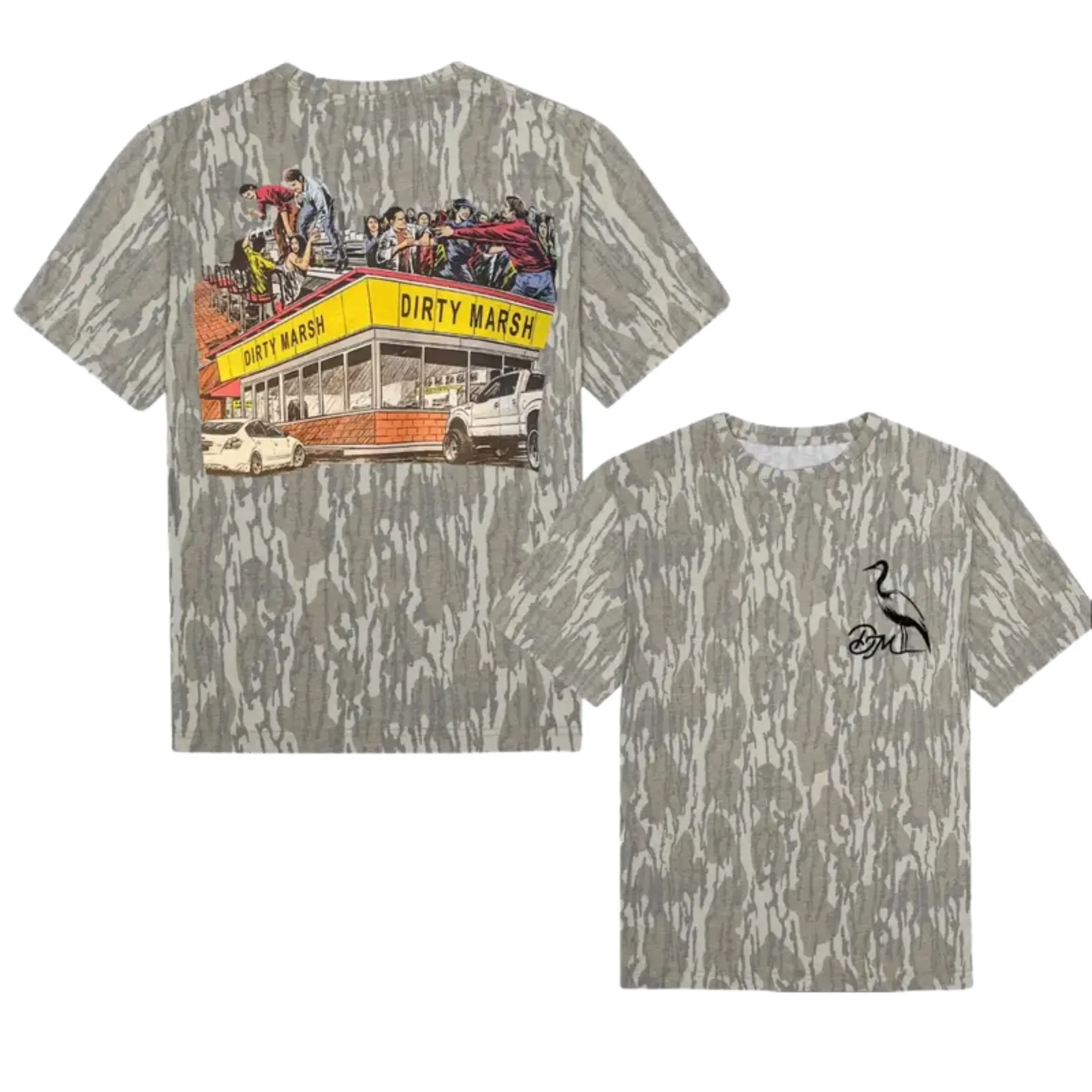 Waffle Home Tee Dirty Marsh Outfitters Backshore Mossy Oak Bottomland Printed Shirt - Hunting Camo Pattern Men's T-shirt, Soft Stretch Cotton, Full Size S-5XL