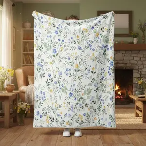 Spring Floral Throw - Blue & Yellow Watercolor Floral Blanket for Couch Sofa Camping, Farmhouse Cottagecore Flowers Bedding Decor, Soft Warm Flannel Throw for Women Girls