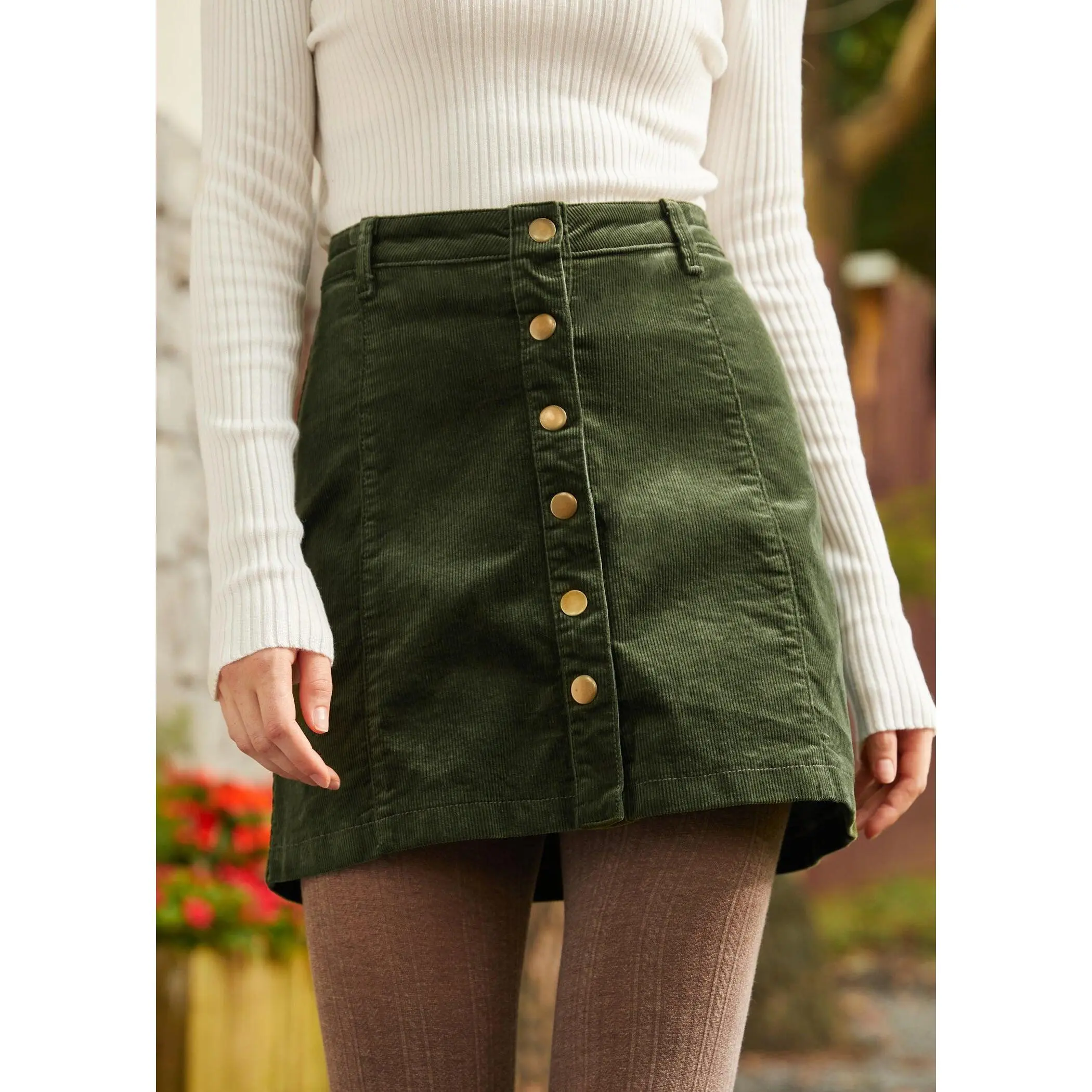ModCloth Vogue on Vinyl Button Front Corduroy Mini Skirt Olive Green Stretch Cotton S-4X