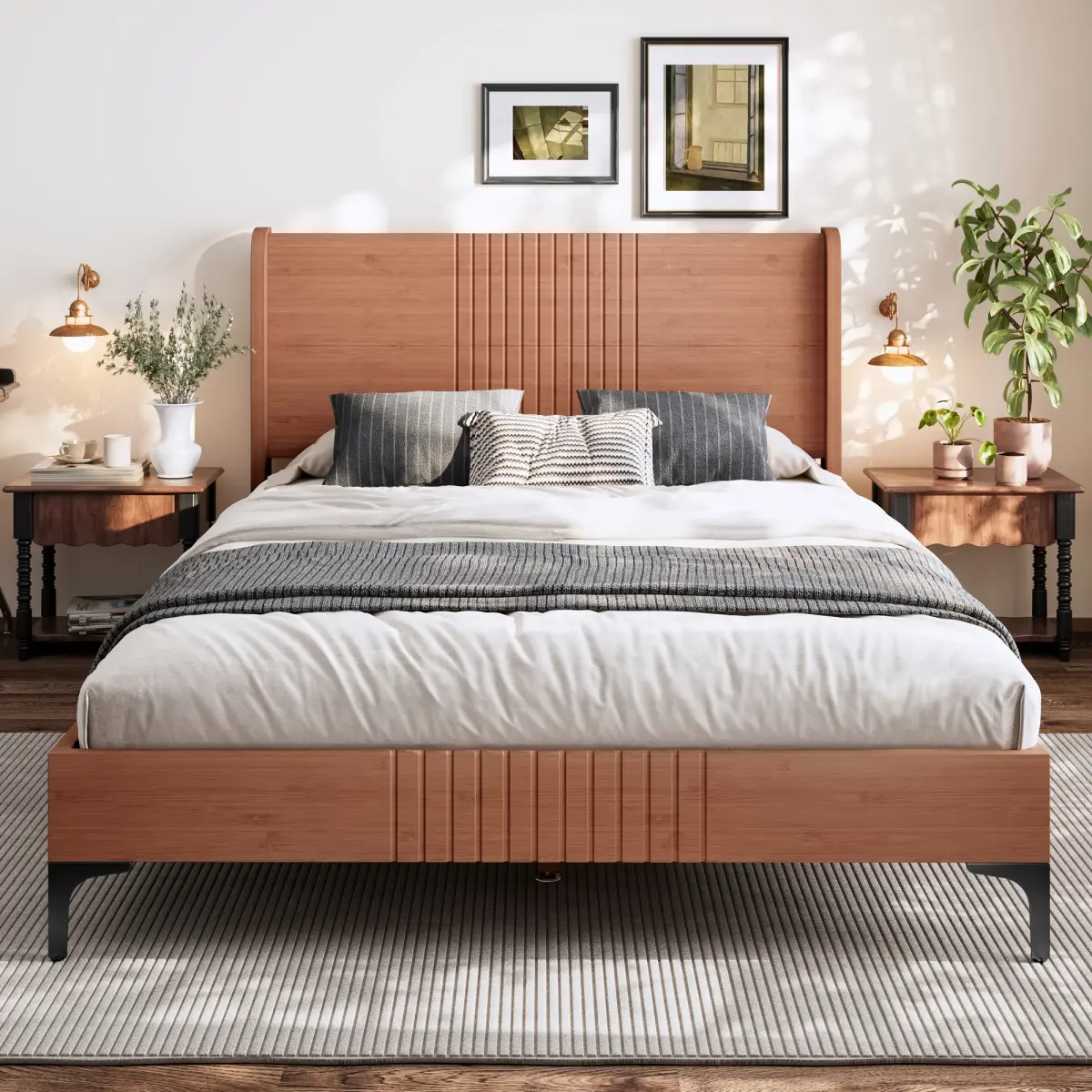 [Bellemave] Bamboo Platform Bed| Mid-Century Headboard| Round Corner Design| Sturdy Bed Frame| No Box Spring Needed