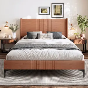 [Bellemave] Full Size Bamboo Platform Bed| Mid-Century Headboard| Round Corner Design| Sturdy Bed Frame| No Box Spring Needed﻿