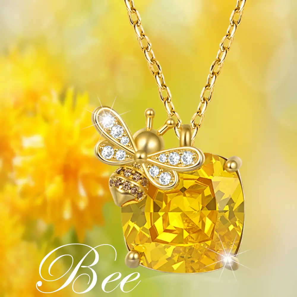 Women's Stainless Steel Bee Insect Pendant Necklace - Elegant Geometric Square Yellow Simulated Coloured Gemstone, Girl Birthday Accessory Gift for Wife Daughter Mother, Exquisite Women Insect Party Stainless Steel Jewelry