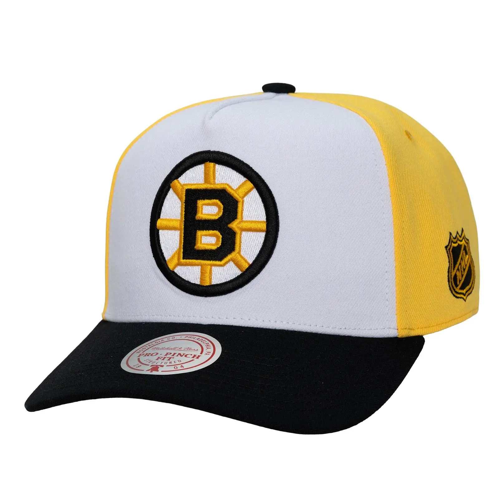 Boston Bruins White/Gold Legendary Home Pro Pinch Snapback Hat NHL Throwback Cap Adjustable Fan Gear Mitchell & Ness