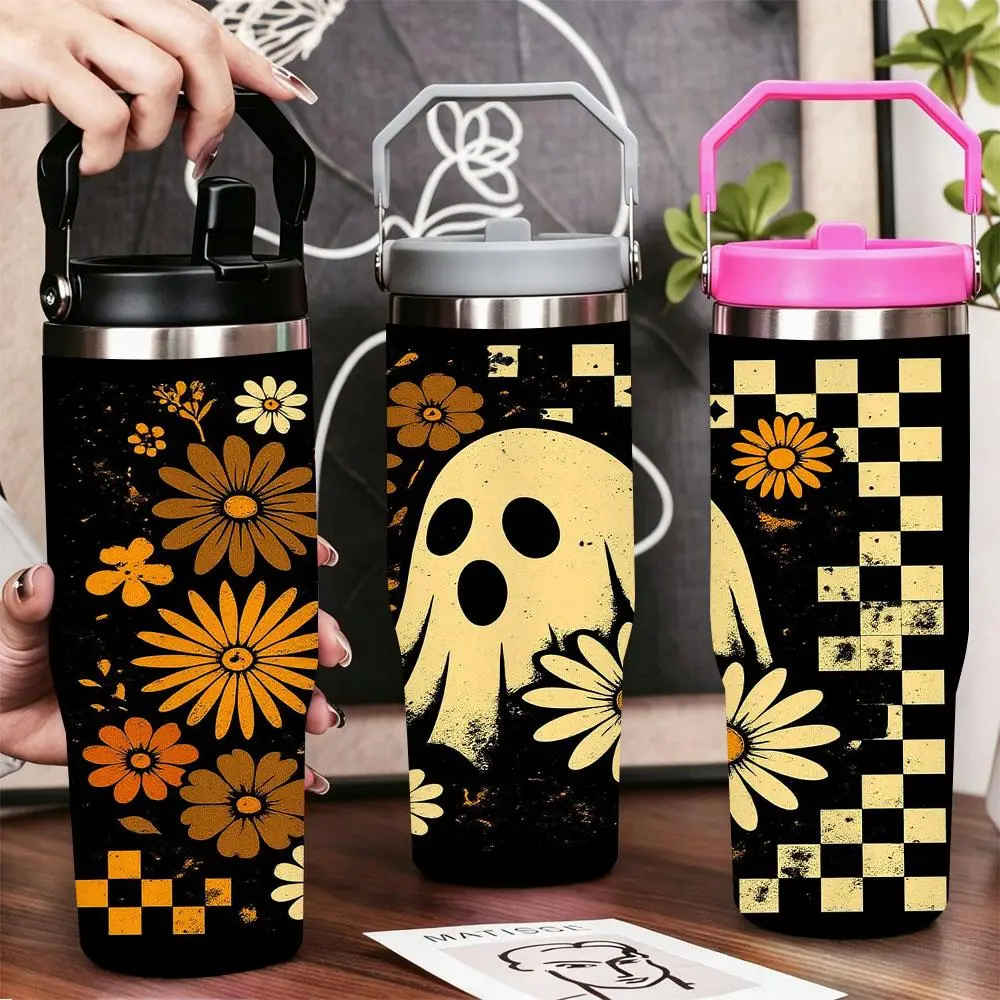 Vintage Ghost & Flowers Checkerboard Stainless Steel Tumbler - Portable, Leak-Proof, BPA-Free, Double Wall Vacuum Insulated Flask with Lid & Straw (12oz/20oz/22oz/30oz/40oz) for Gym, Office