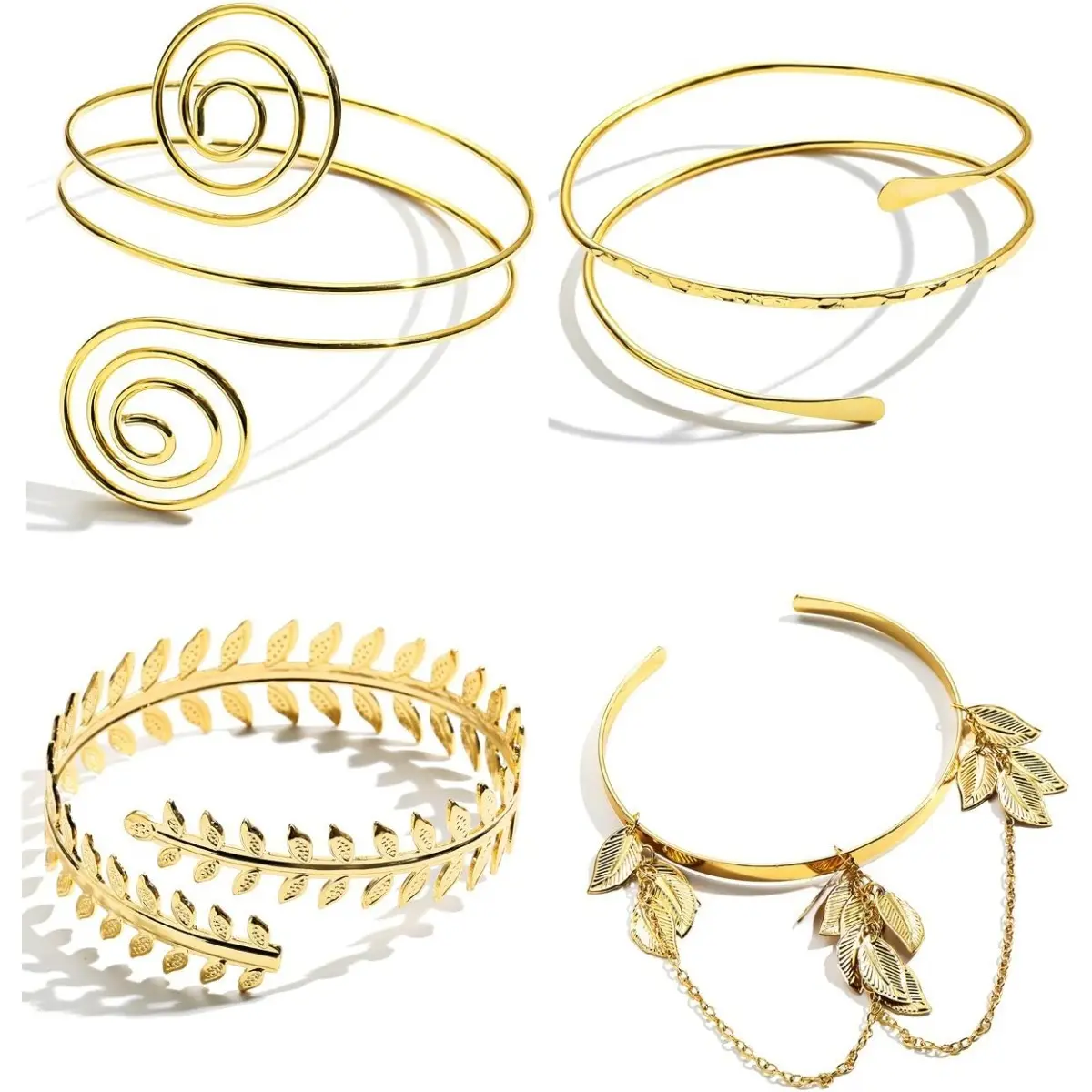 Women's 4-Piece Upper Arm Cuff Bangle Set, Minimalist Alloy Fashion Bracelets with Leaf, Feather, and Gothic Designs, Adjustable & Hypoallergenic, Bangle Jewelry, Cuff Bangles Bracelets