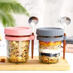2pcs High-Quality Oatmeal Cups Transparent Glass with Lid Spoon Good Sealing Simple Multi-Color Options Breakfast Cup