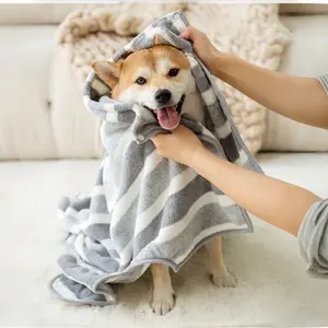 Coral Fleece Towel Super Absorbent Pet Bath Towel Microfiber  Quick Dry and Comfortable Care Striped Design robes for dogs Adjustable Quick-Drying Grooming Supplies