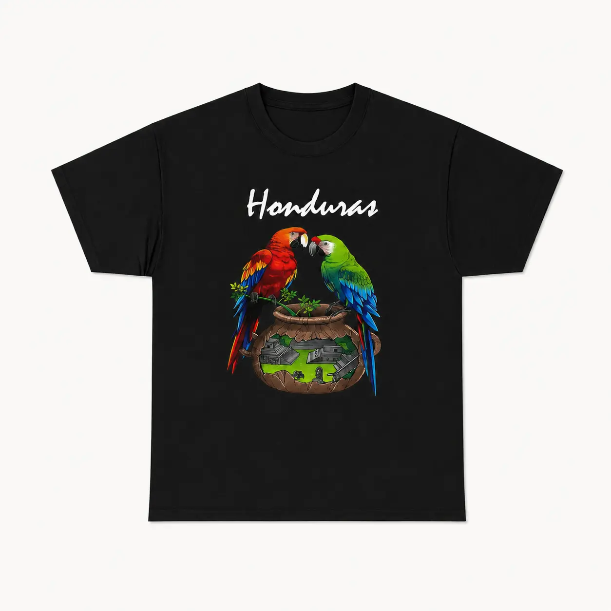 “Honduras” Parrots & Cultural Landscape Tee, Central American Heritage T - Shirt