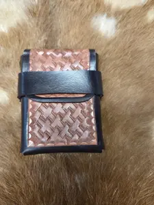 Handmade Leather Cigarette Case Black Brown Basketweave Tooled Gift Smokers 100mm 72mm Accessory