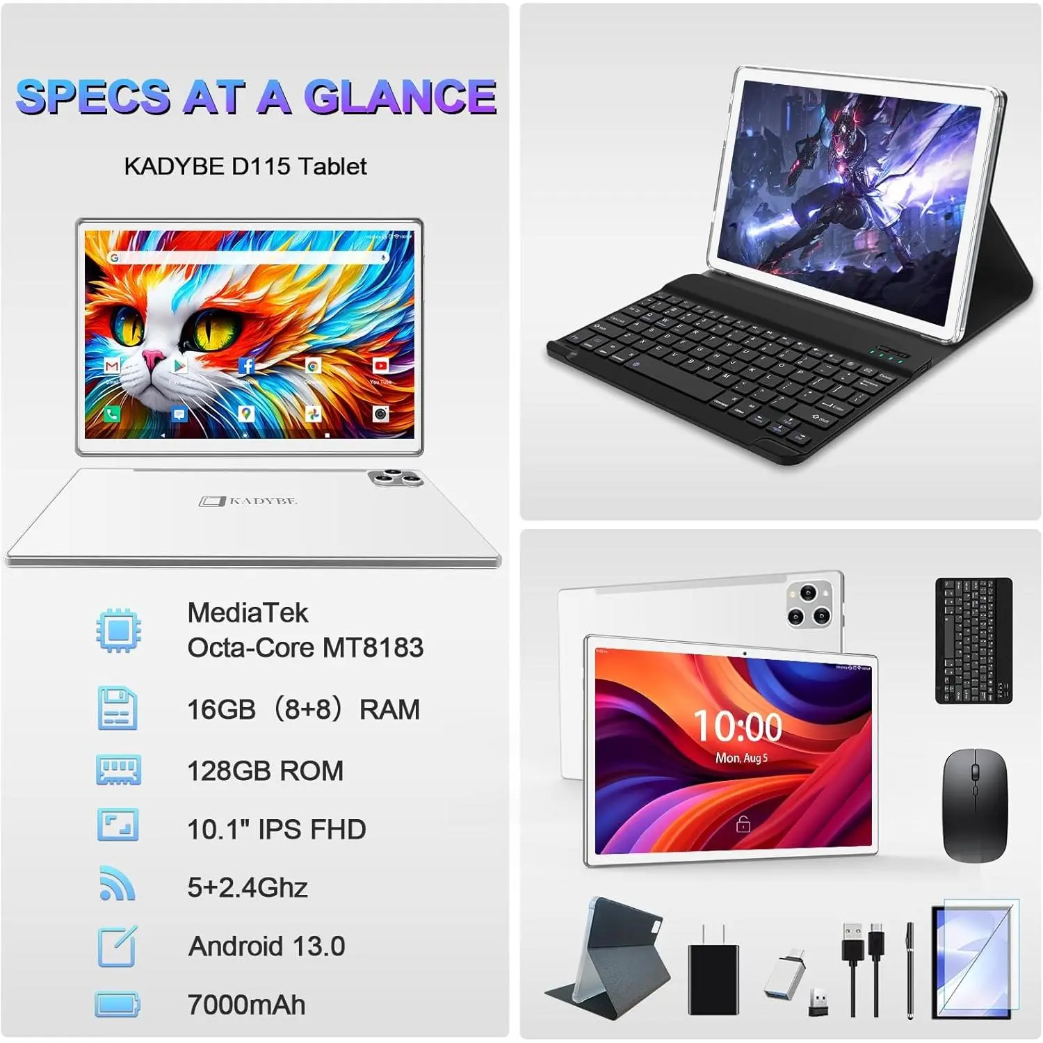 2026 Latest Tablet Android 13 Tablets 10 Inch, Tablets 128GB ROM+16GB RAM (8+8 Virtual), 2 In 1 Tablet with keyboard, Powerful Octa-Core+13MP Camera, 1TB TF Expandable, FHD IPS Display WiFi Tableta PC