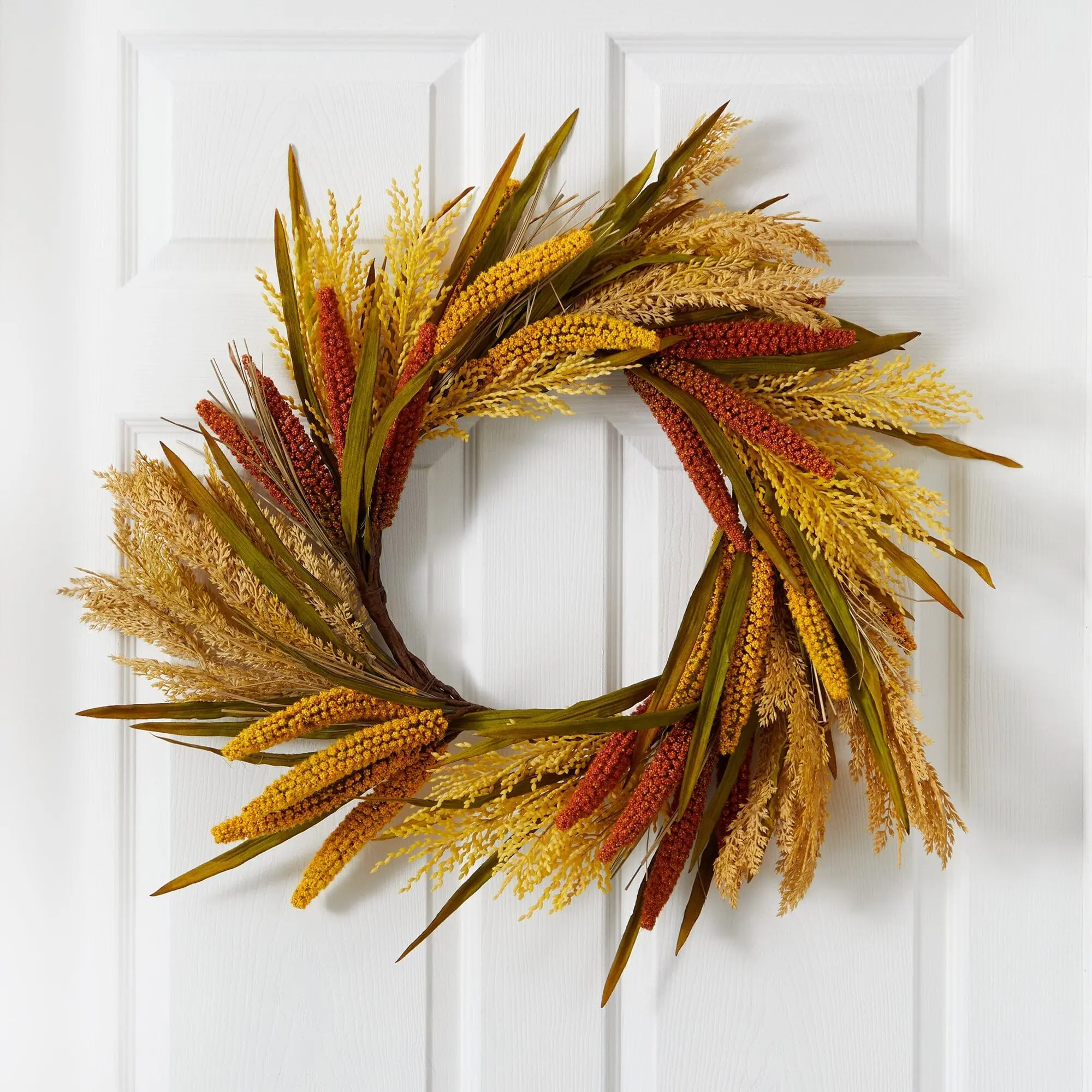 25in Artificial Sorghum Harvest Wreath, Natural Look Fall Front Door Decoration, Home Decor Ornament, Festive Home Supplies, Hanging Decoration