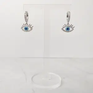 #328 Blue Evil Eye with Rhinestones Hoop Earrings- Casual Everyday Spiritual Jewelry, Women