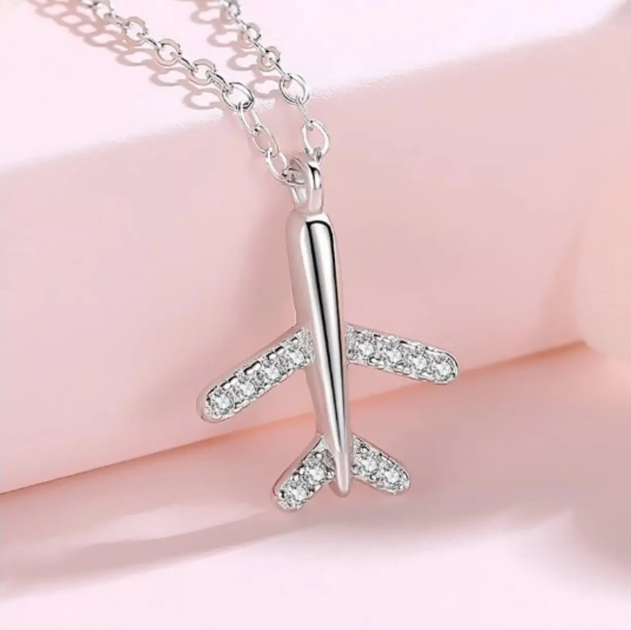 Delicate 925 Sterling Silver Cubic Zirconia Airplane Pendant Necklace