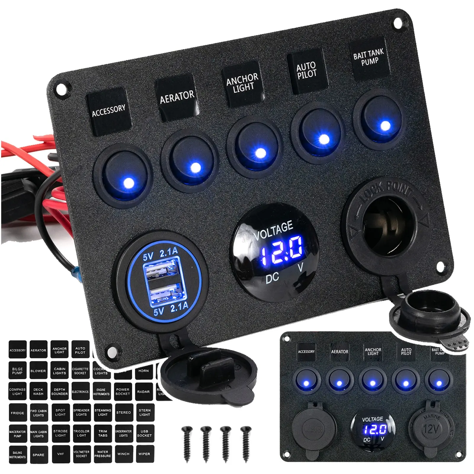 Van Life Overlanding 5 Gang Rocker Switch Panel 12V 24V Dual USB Charger Voltmeter Aluminum IP67 Waterproof Blue LED RV Truck Marine Upgrades