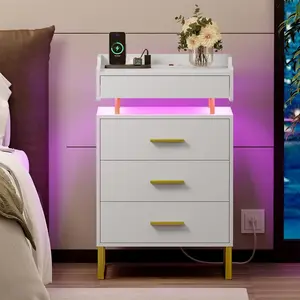 Sikaic LED Nightstand with Charging Station and 3 Drawers and 1 Pull-Out Tray Furniture Bedroom