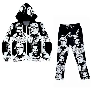 Asaa.li Mugshot Graphic Tracksuit Set, Streetwear Zip Hoodie and Jogger Pants, Urban Fashion Outfit